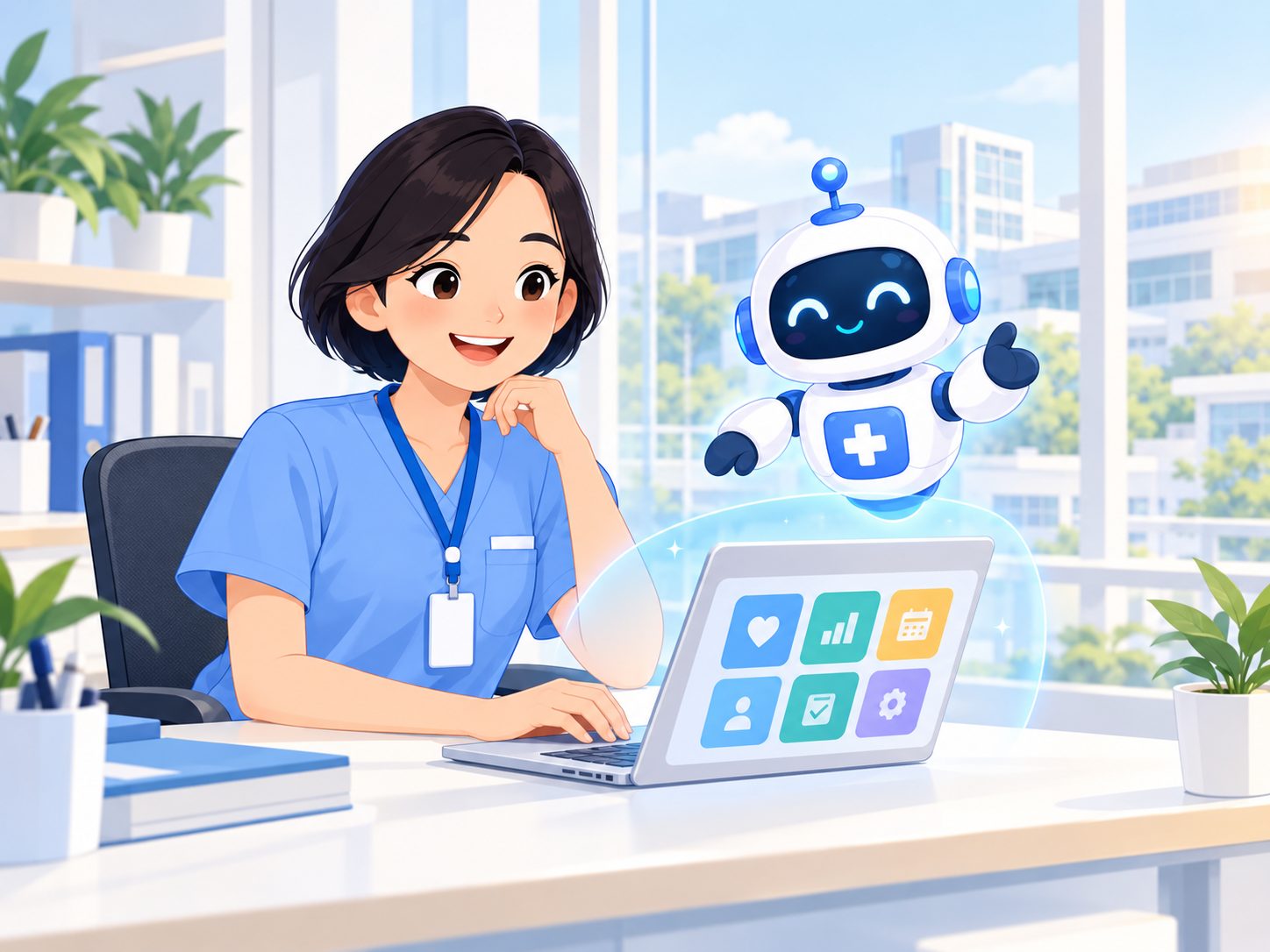 พยาบาลนกยิ้มขณะใช้แล็ปท็อปที่มีแอปหลายตัว โดยมีหุ่นยนต์ผู้ดูแล iVS ลอยอยู่ข้าง ๆ